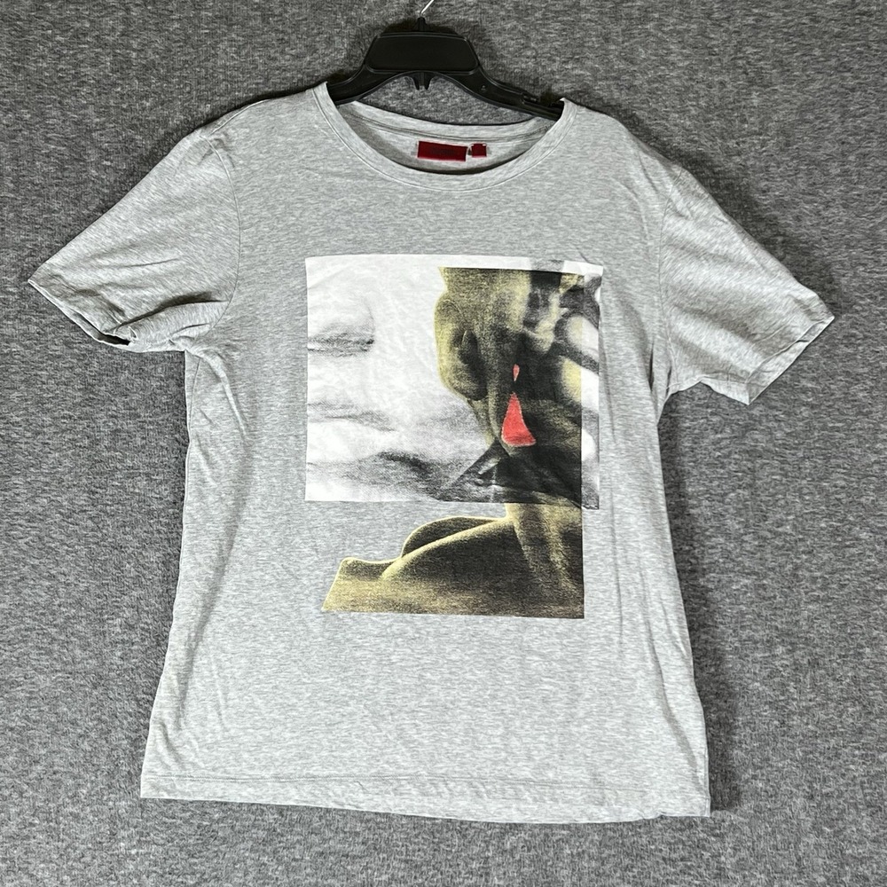 Hugo Boss Short Sleeve T-Shirt Rare Print Gray Mens Size M Cotton Stretchy‎